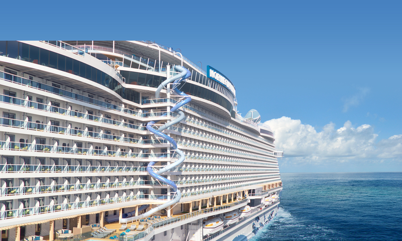 The Drop ist die charakteristische Trockenrutsche, auf der Gäste zehn Decks hinabsausen – von Deck 18 bis Deck 8