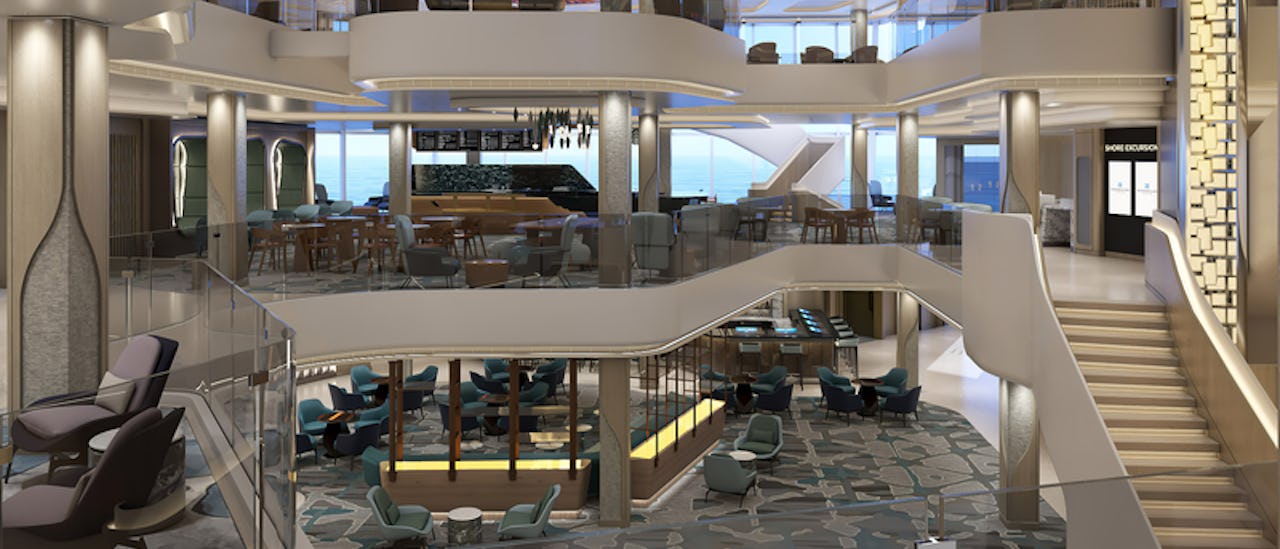 Das Herzstück des Schiffes ist das Penrose-Atrium, ein drei Decks hoher Raum, der als Tor zu den zahlreichen Restaurants und Bars dient. Entworfen vom Studio Dado aus Miami